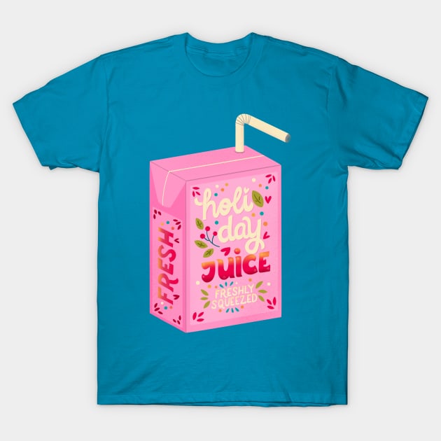 Juice box with hand lettering holiday juice. Cute festive winter holiday illustration. Bright colorful pink and blue greeting card. T-Shirt by BlueLela